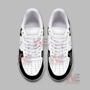 Bad Bunny Here for the Benito Bowl LIX Air Force 1 Sneakers 5 Top angle image showing the sneakers with white laces and contrasting panels accented by small event illustrations!