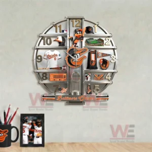 Decorative Baltimore Orioles wall clock with baseball themed items and mascot displayed around the clock face!