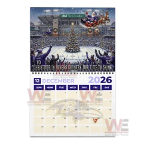Baltimore Ravens 2026 Wall Calendar 7 Snowy stadium with cheering fans a Christmas tree at midfield and Santa flying overhead in a sleigh!