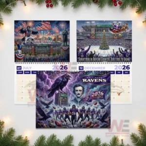Baltimore Ravens 2026 Wall Calendar 8 Collection of Ravens calendar pages showing fireworks holiday scenes and a stormy gothic team cover!