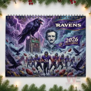 Baltimore Ravens 2026 Wall Calendar 9 Giant raven atop gothic tower with lightning and football players charging forward through storm clouds!