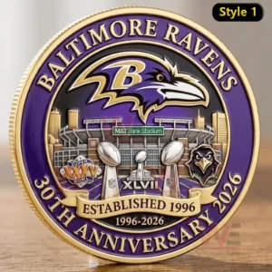 Baltimore Ravens 30th anniversary coin with purple gold border Ravens logo stadium skyline and Super Bowl trophy elements.