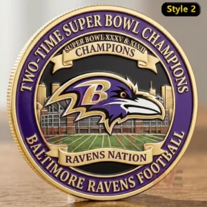 Baltimore Ravens Super Bowl champions coin with purple gold border Ravens logo stadium field background and Ravens Nation banner.