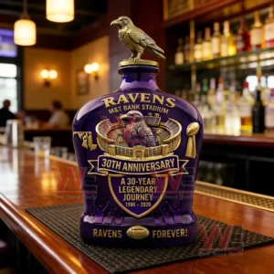 Purple commemorative bottle with raven emblem stadium design and football themed decoration!