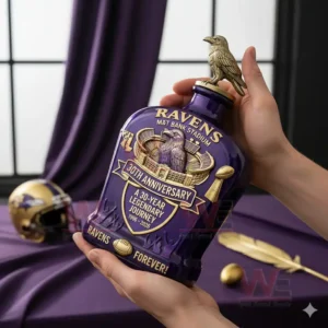 Hands holding a purple bottle with raven figure football symbols and premium decorative finish!