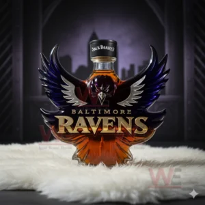 A raven themed bottle featuring dramatic wings and an orange base set against a shadowy urban background!