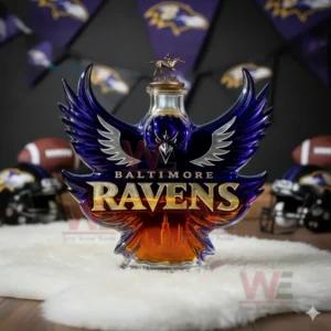 A bottle styled like a raven emblem filled with amber liquid situated in a sports themed room!