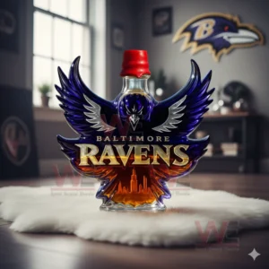 A bottle formed as a dramatic raven symbol filled with amber liquid displayed indoors with team logos on the walls!