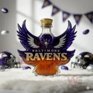A raven themed bottle displayed on a fluffy rug with team colors and football items surrounding it!