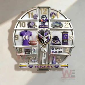 Three dimensional Baltimore Ravens wall clock with purple and black team elements football gear logos and numbers arranged in a circular metal frame for home decoration!