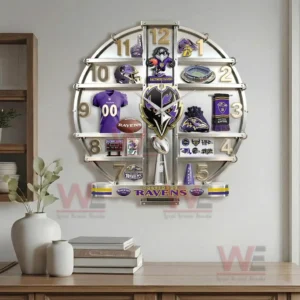 Baltimore Ravens wall clock displayed in a modern living room with wooden furniture neutral decor and organized sports memorabilia design!