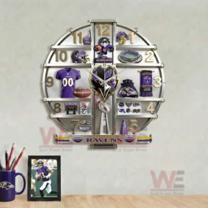 Baltimore Ravens decorative wall clock above a desk with framed football photo mug and clean workspace decor!