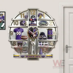 Large Baltimore Ravens wall clock mounted near a doorway featuring team colors football icons and metallic structure!