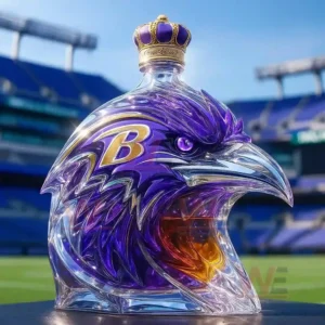 Raven head glass bottle with crown cap on a stadium field!