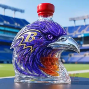 Baltimore Ravens Limited Edition Whisky Bottle 5 Purple raven head bottle with red cap on display!