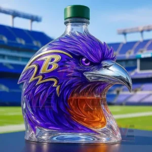 Baltimore Ravens Limited Edition Whisky Bottle 7 Raven shaped glass bottle with green cap on stadium field!