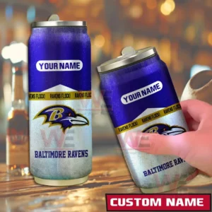 Two custom Baltimore Ravens can shaped tumblers with team colors team graphics and a name panel shown on a wooden bar surface!