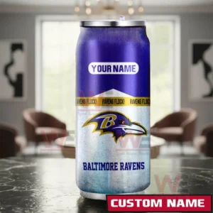 Baltimore Ravens NFL Personalized Can Tumbler 5 A custom Baltimore Ravens can shaped tumbler indoors with vivid team graphics and a space for name personalization!