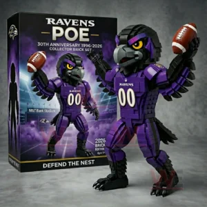 Baltimore Ravens Poe 30th Anniversary Brick Set 3 Brick built purple football bird mascot holding a football displayed beside its themed collector box!