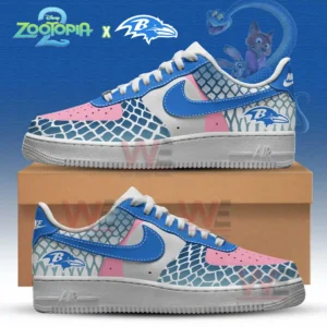 Custom sneakers with blue pink and white scaled designs the Baltimore Ravens logo and Zootopia character artwork behind them!