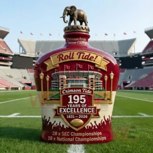 A bottle with Alabama anniversary designs positioned on a football field!