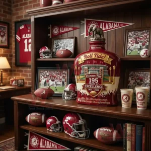 A bottle with Alabama anniversary designs positioned among sports memorabilia!