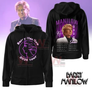 Black zip hoodie with front circular logo and back portrait artwork in purple stage lighting!