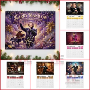 Cover art of a twenty twenty six Barry Manilow calendar showing the artist singing with illustrated musical elements in a bright purple and gold design!