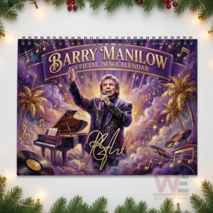 NEW Barry Manilow 2026 Wall Calendar 12 February and June Barry Manilow calendar pages displayed next to the illustrated cover of the twenty twenty six calendar!