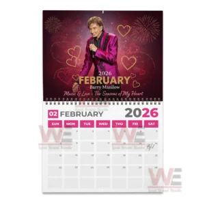 NEW Barry Manilow 2026 Wall Calendar 13 February twenty twenty six Barry Manilow calendar page with a portrait of the singer and romantic themed decorations!