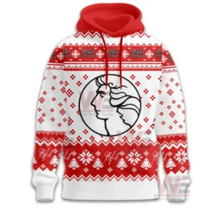 Barry Manilow Once Before I Go Waffle Hoodie 4 Front view of red and white Christmas hoodie with circular emblem and festive knit patterns!