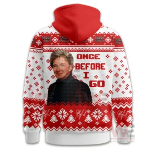 Barry Manilow Once Before I Go Waffle Hoodie 5 Back view of red and white Christmas hoodie with portrait graphic and bold text design!
