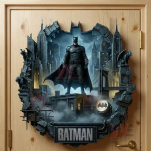 A decorative hanging piece on a wooden door showing a dark armored hero standing in front of a nighttime city scene with dramatic lighting and architectural details!