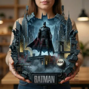 Batman Door Hanging Decoration Christmas Ornament 3 Hands holding a large decorative wall hanging featuring a dark hero figure centered within a city themed frame against an indoor background!