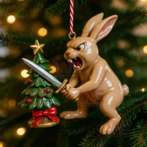 Ornament of an angry rabbit holding a sword aimed at a miniature decorated Christmas tree hanging on a Christmas tree branch!
