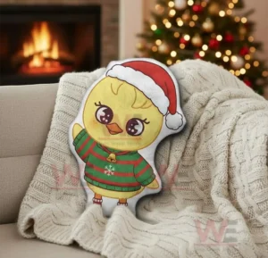 BbokAri Stray Kids Custom Shaped Pillow 7 Festive chicken shaped pillow in a warm christmas living room with fireplace and tree!