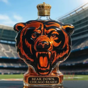 Bear shaped whiskey bottle with a crown standing in a football stadium representing Chicago Bears pride!