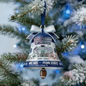 Beaver Stadium 65th Annviersary We Are Penn State Bell Ornament 3 Beaver Stadium anniversary bell ornament hanging from a snow covered tree branch with blue holiday lights!