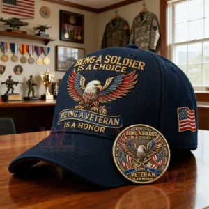 A blue embroidered cap in a military themed room showing an eagle design and text honoring the choice of being a soldier and the honor of being a veteran!