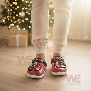 Big Time Rush Christmas Crocs Clogs with Charms 4 Red music themed clogs worn by a person in a holiday setting with a Christmas tree in the background!