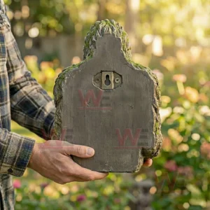Back view of a Bigfoot wall statue showing a hanging mount while being held by a person!