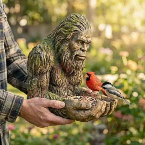 Person holding a Bigfoot statue that serves bird seed to two birds in a garden!