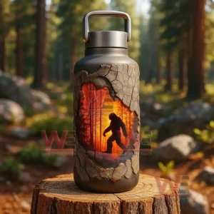 Insulated bottle with cracked texture and orange forest scene on a tree stump.