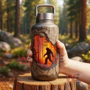 Hand holding an insulated bottle with an orange forest scene in a forest setting.
