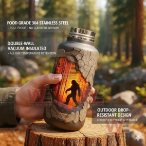 Insulated bottle with forest design and feature text in a woodland scene.