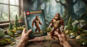Hands holding a brown brick Bigfoot figure beside a collector edition box in a forest themed scene!