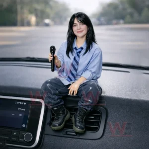 A small singer figurine with black hair holding a microphone while sitting on a car dashboard in front of a blurred road view!