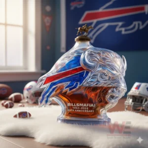 Buffalo head shaped anniversary whiskey bottle with blue red glass details!