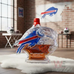 Buffalo head shaped whiskey bottle with red cap in a sports interior!