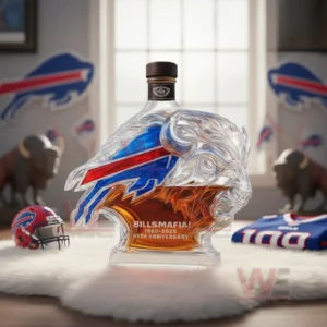 Buffalo head shaped whiskey bottle with black cap in a football themed room!